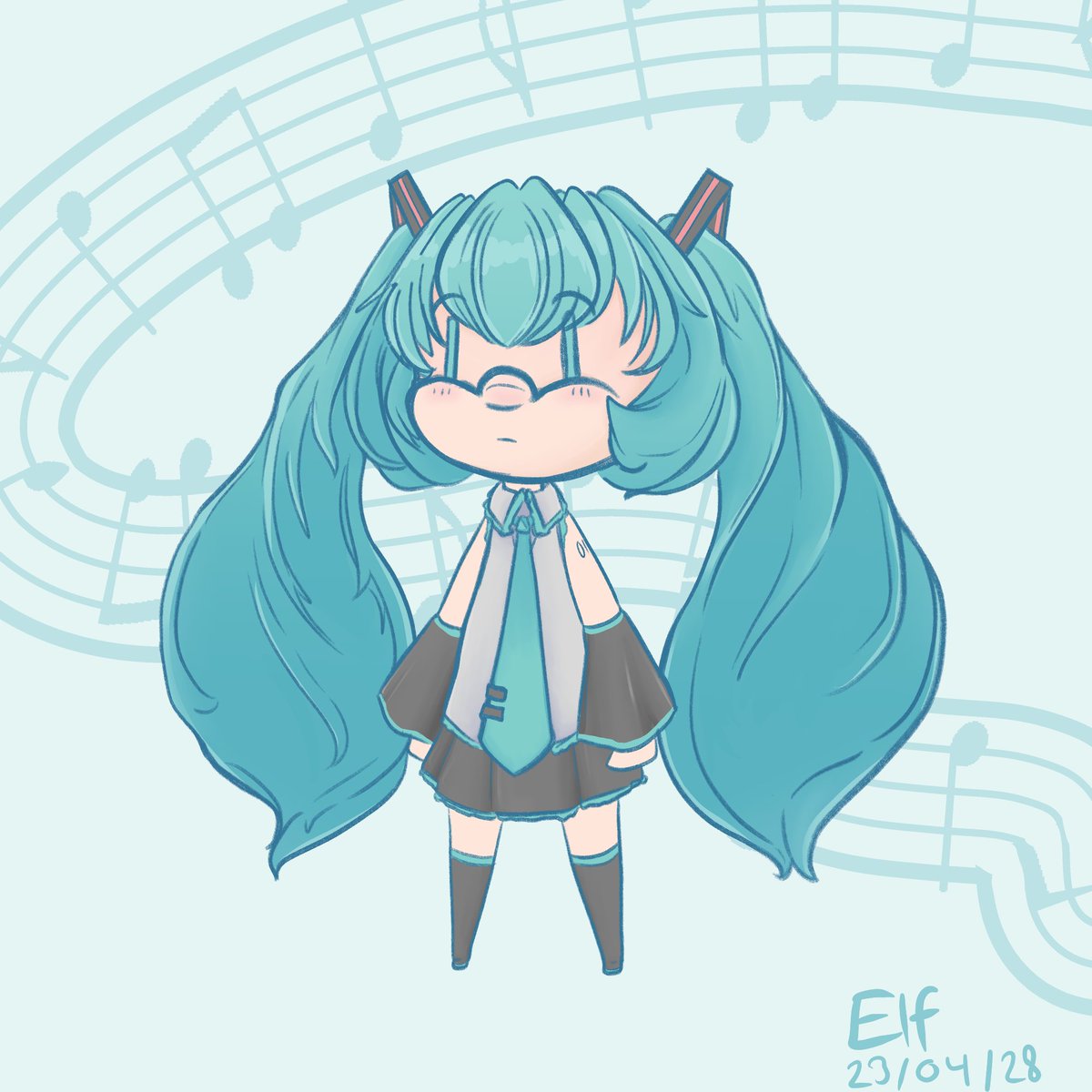 Elfieneon's tweet photo. Couldn't help myself~! I had to draw her after listening a bucketload of songs. 
#VOCALOID #HatsuneMiku #fanart #FanArtFriday #chibi #kawaii #cute https://t.co/F3dkYzVEYo