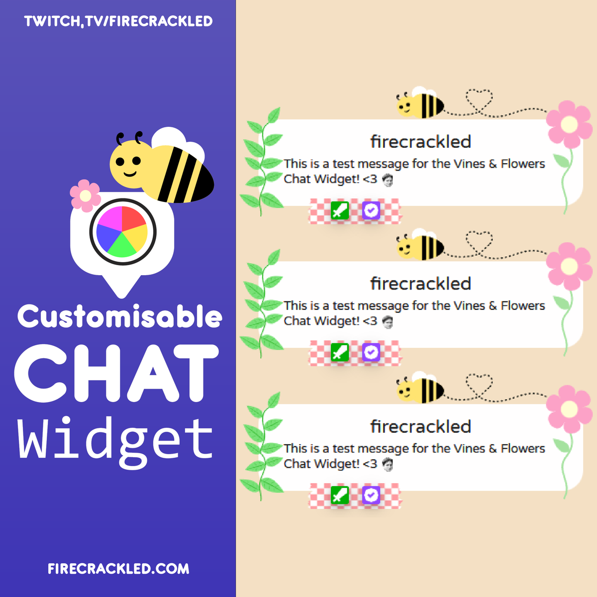 Firecrackalt's tweet photo. New Feature Announcement - 🐝🌿🌸
for our Bee, Vines &amp; Flowers Chat!

- change the name color, text color, box color &amp; tape color
- choose between 5 badge styles &amp; 2 bee styles!
____
#twitchstreamer #ENVtuber #Vtuber #vtuberassets #widgets #widgets #VtuberSupport #VTuberUprising https://t.co/pHKISrADzF
