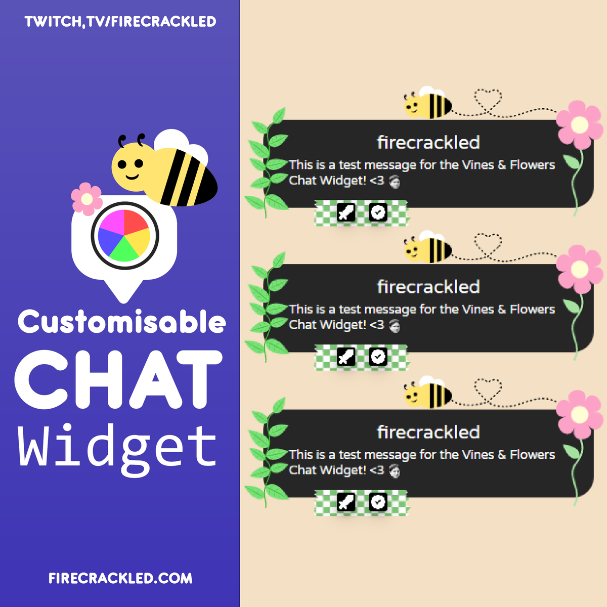 Firecrackalt's tweet photo. New Feature Announcement - 🐝🌿🌸
for our Bee, Vines &amp; Flowers Chat!

- change the name color, text color, box color &amp; tape color
- choose between 5 badge styles &amp; 2 bee styles!
____
#twitchstreamer #ENVtuber #Vtuber #vtuberassets #widgets #widgets #VtuberSupport #VTuberUprising https://t.co/pHKISrADzF