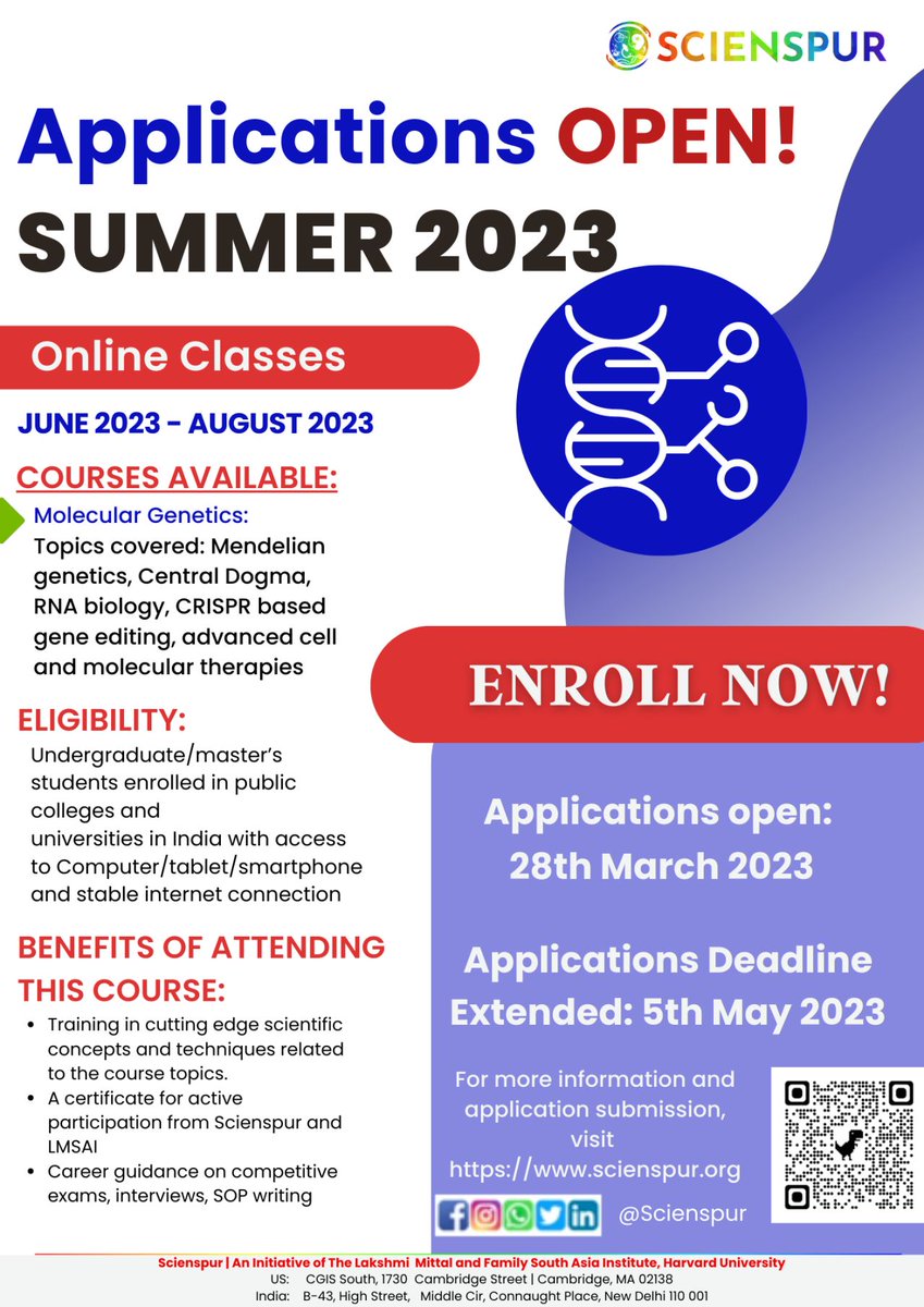 One Week left for Extended Application Deadline: Scienspur #Summer2023 #freecourses on #MolecularGenetics to #undergrad #masters #lifescience students from public colleges in India is open now. Extended Application deadline: 5th May 2023 Enroll Now at lnkd.in/d4cJXKwp