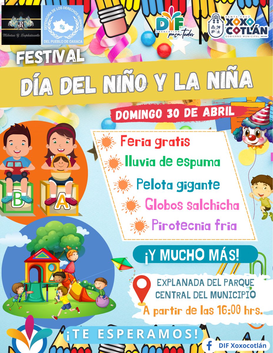 XoxocotlanDIF's tweet photo. 🥳🎈¡Celebremos #UnidosYEnFamilia a los peques de hogar! 👇🏽

👦🏻👧🏻 Este #domingo 30 de abril te esperamos en el Parque Central para que te diviertas a lo grande con los juegos y las sorpresas que preparamos para las y los niños de Xoxocotlán.

#DíaDelNiñoYLaNiña 
#DIFParaTodos https://t.co/8wXq5x2EAn
