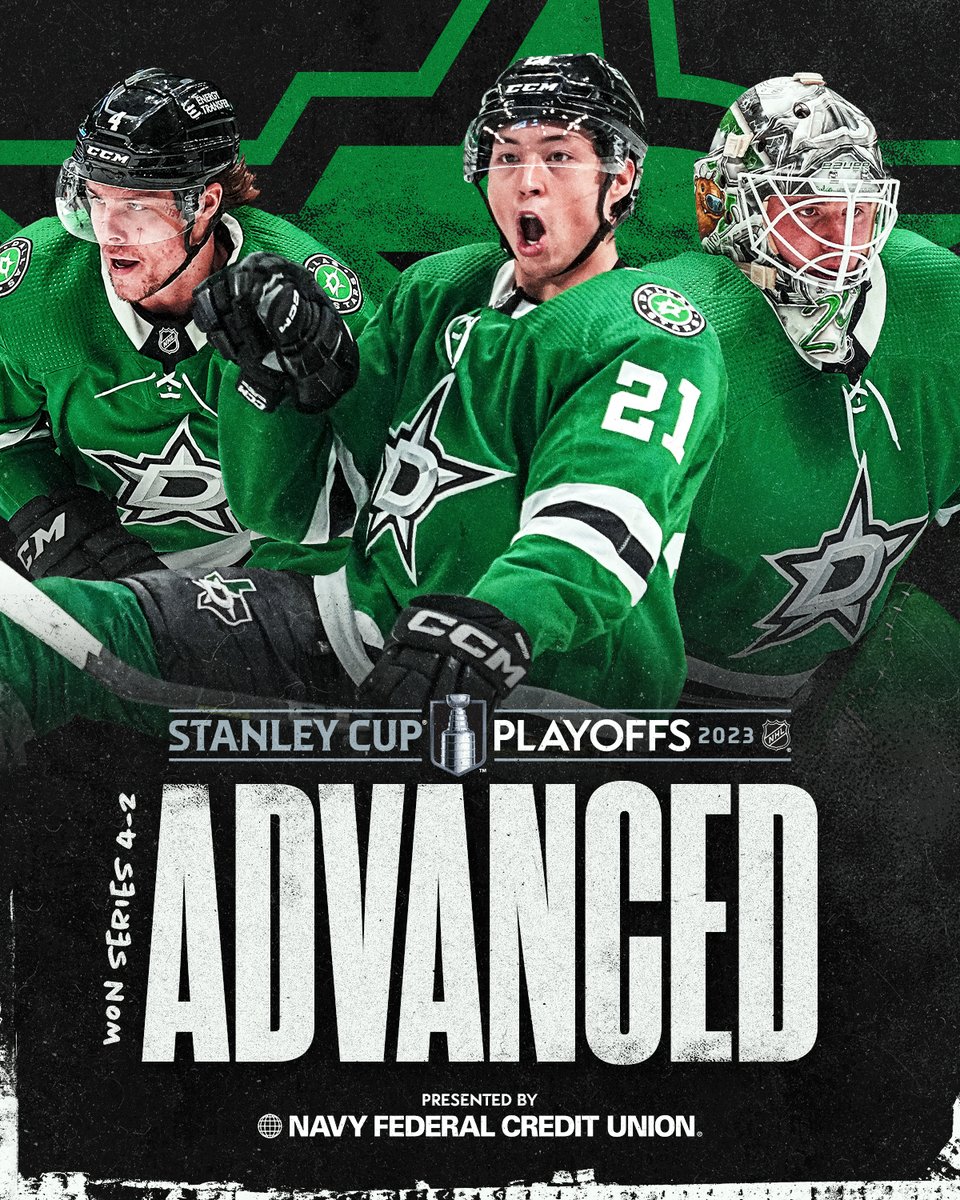 NHL (@nhl) on Twitter photo ⭐️ SECOND ROUND STARS ⭐️
The <a href="/DallasStars/">Dallas Stars</a> have punched their ticket! 🎟️
#StanleyCup Series Win presented by <a href="/NavyFederal/">Navy Federal Credit Union</a> ⭐️ SECOND ROUND STARS ⭐️
The <a href="/DallasStars/">Dallas Stars</a> have punched their ticket! 🎟️
#StanleyCup Series Win presented by <a href="/NavyFederal/">Navy Federal Credit Union</a>