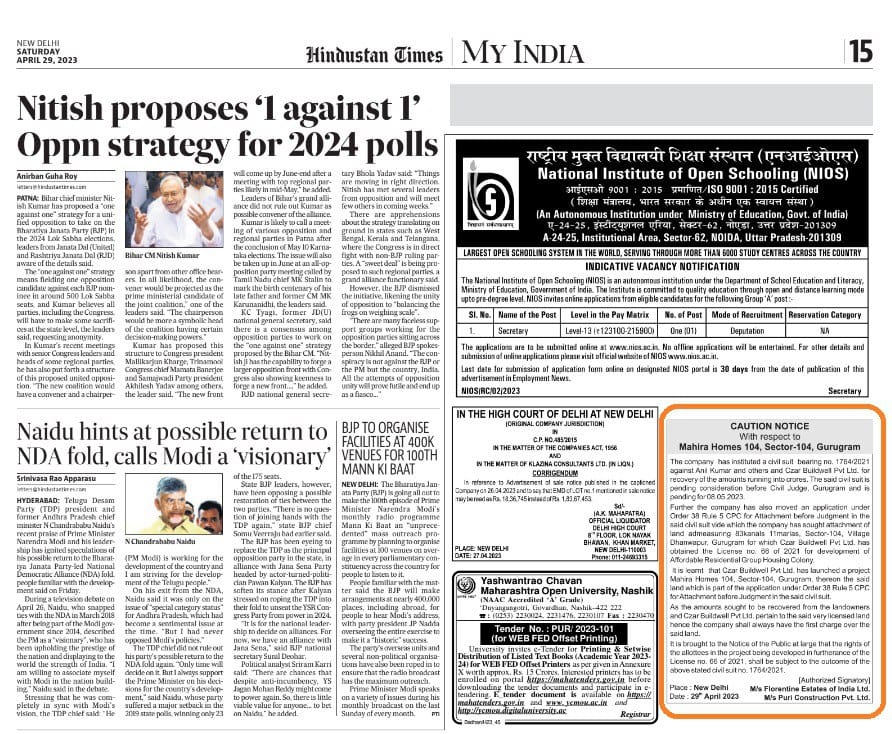 MahiraH104BWA's tweet photo. @dtcphry, 
1) plz take a note of the attached Caution Notice in today's edition of #HindustanTimes, published by #PuriConstruction, which has filed civil suit against landowners &amp; collaborator of #MahiraHomes104 project and has also demanded attachment of the project land. https://t.co/gTJIkUGTAb