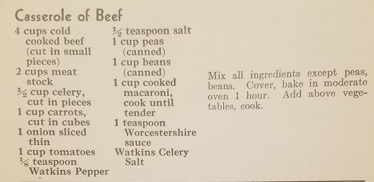 Re2OldFOOD's tweet photo. Casserole of Beef -- 1938

Bake this dish at 350 degrees.  After adding the peas and beans, bake another 15 minutes.

#oldrecipe #comfortfood #beefcasserole #beef #peas #beans #carrots #celery #celerysalt #onion #tomato #beefstock #salt #pepper #depressioneracooking #1930srecipe https://t.co/ODfy0Wul6L