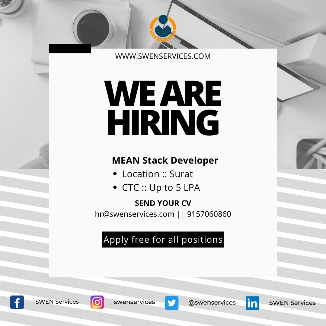 Swenservices's tweet image. #meanstack
#meanstackdeveloper
#grabtheopportunity
#hiringfordevelopers
Call or share your cv on 9157060860 for more details
#nocommission #nofees #noregistration #nocharges
#suratithub #suratitjobs #developerjobs #jobalert #jobforyou #itjobs #software #itandsoftware #itsoftware