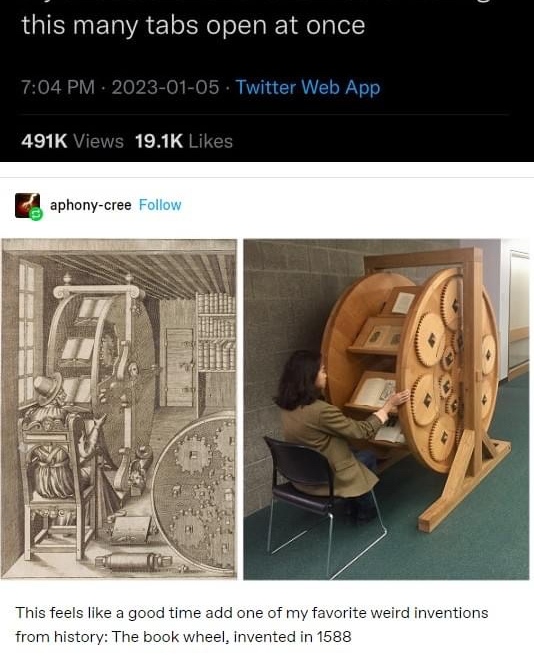 MereCarlisle's tweet photo. I think we should bring this invention back into modern use. Maybe if I place my “To be read” pile on a spinning wheel I’ll actually get through them all 😂
.
.
.
#bookish #reader #instabook #booklover #bookclub #booksbooksbooks #reading #bookstagram #instabooks #bookcommunity https://t.co/RZinCNAtBu