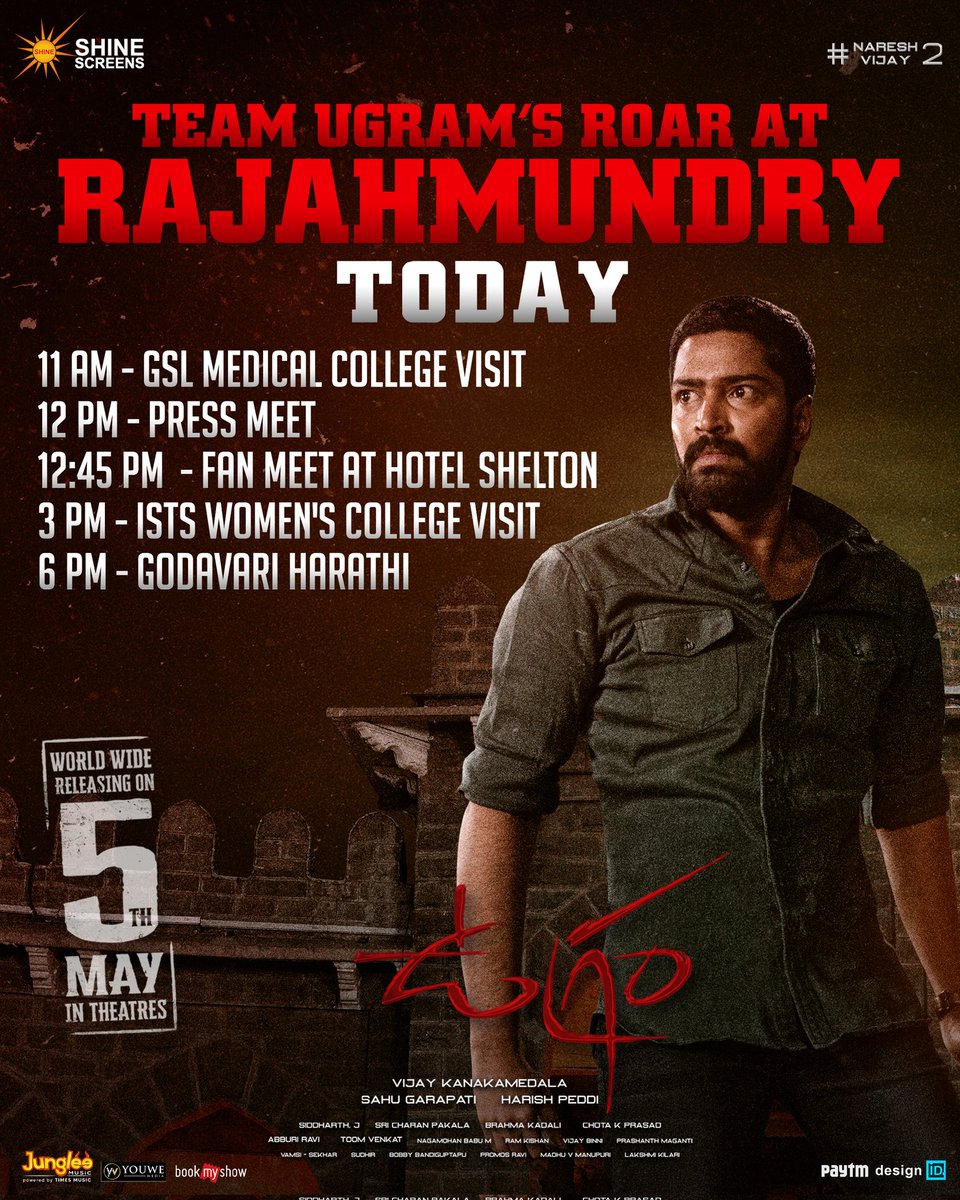 Shine_Screens's tweet photo. Team #Ugram is all set to Roar today at Rajahmundry ❤️‍🔥

Meet &amp; Greet @allarinaresh, @mirnaaofficial &amp; make your day special ❤️

#UgramOnMay5th 
@DirVijayK @sahugarapati7 @harish_peddi @SricharanPakala @jungleemusicSTH https://t.co/gBoMF3CnQI