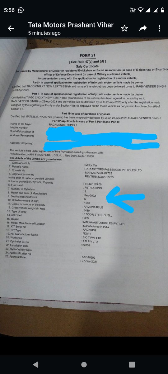 Rsraghav3's tweet photo. But after I paid the full amount to the Dealer and later asked for Form 21 that is to be registered in the RTO, that form clearly shows that the manufacturing month and year is Sept, 2022. (Pic 3)
Its a clear case of FRAUD. Tata motors should take action against such dealers. https://t.co/4CIjARr0VL