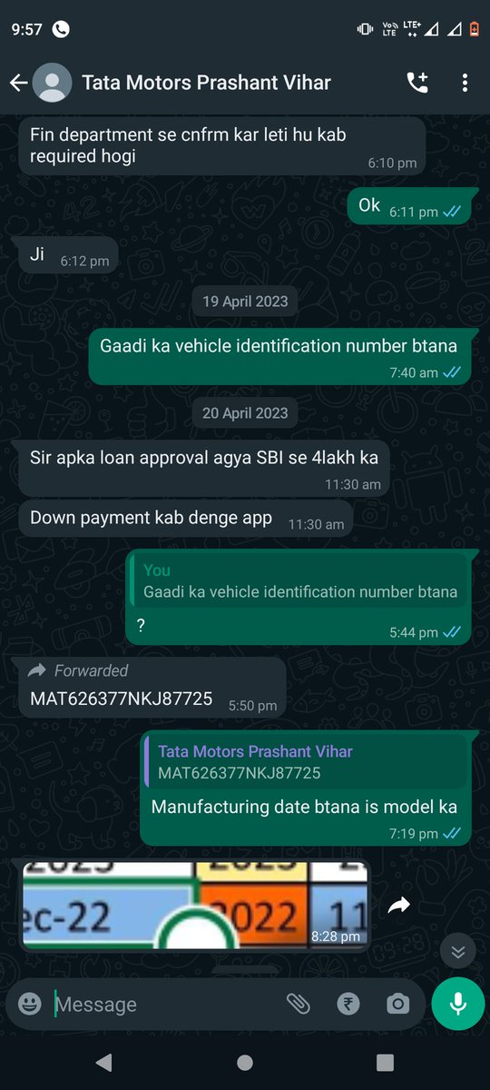 Rsraghav3's tweet photo. @TataMotors @RNTata2000 @tata_cars
I recently booked a TATA TIAGO XT CNG on 16.04.2023 at Malwa Automobiles pvt ltd, Prashant Vihar, New Delhi. 
At the time of booking, I was told that the manufacturing month of the car was Dec, 2022. (Conversation shown at Pic 1 &amp;2 ) https://t.co/NMBOPcUPXJ