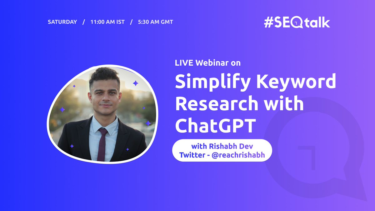 DigitalVK's tweet photo. Join us in one hour on #SEOTalk webinar.

Topic - Keyword Research with #ChatGPT 

Guest - @reachrishabh from @Mapplinks 

Moderator - @parthsuba77 

Link for joining - https://t.co/StQsS2A6Qe

#SEO #RT https://t.co/PnYCIn2xNP