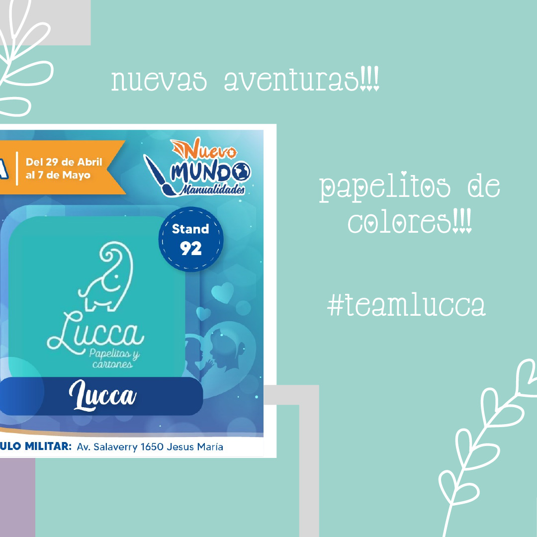 LuccaPyC's tweet photo. Desde mañana 29.04hasta el 04.05 estaremos en el stand 92 de la feria Nuevo Mundo en el Círculo Militar de Salaverry - Lima, y desde el 05 al 11 de mayo
estaremos en el stand 141 y 142 de la feria Expo Manualidades Internacional en el Coliseo Dibos - Lima.

LOS ESPERO!!!! https://t.co/1HOvv0rKe1