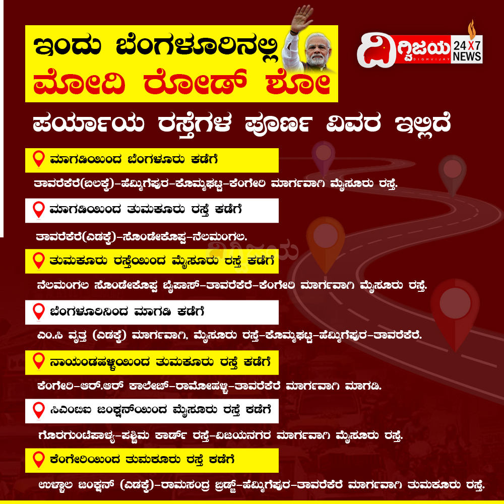 VijayavaniDigi's tweet photo. ಮೋದಿ ರೋಡ್ಶೋ.. ಬೆಂಗಳೂರಿಗರೇ ಗಮನಿಸಿ ಗಮನಿಸಿ! ಸಂಚಾರಿ ಪೊಲೀಸರಿಂದ ಹೊಸ ರೂಟ್ ಮ್ಯಾಪ್
#pmmodiinebengaluru #bengalurutrafficpolice #bengaluru #maproute #dighvijayenws https://t.co/tlhLtiSful