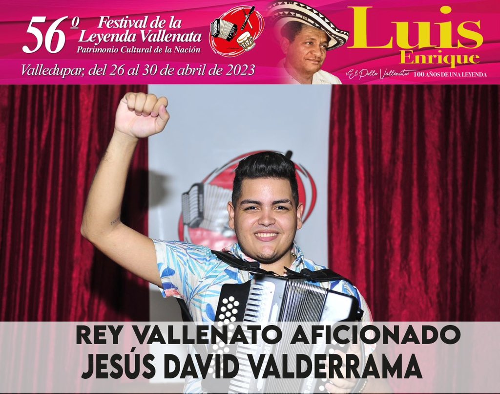 Jesús David Valderrama Mora es el nuevo Rey Vallenato Aficionado de este  56 Festival de la Leyenda Vallenata, homenaje a Luis Enrique Martínez, el ‘Pollo Vallenato’. 
#FestivalVallenato #Vallenato #PolloVallenato <a href="/mincultura/">MinCultura Colombia</a>