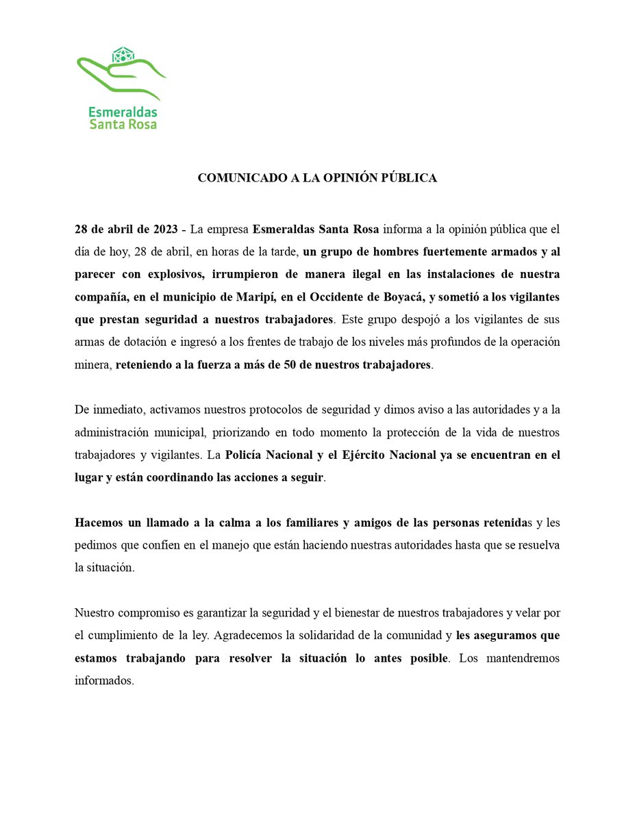 fundsrosa's tweet photo. URGENTE: Grupo armado irrumpe de manera ilegal en instalaciones de Esmeraldas Santa Rosa, en Maripí (Occidente de Boyacá), reteniendo a más de 50 trabajadores. Adjuntamos comunicado oficial de la empresa con detalles y acciones tomadas. Pedimos a los familiares mantener la calma. https://t.co/5jFJNvpKzL