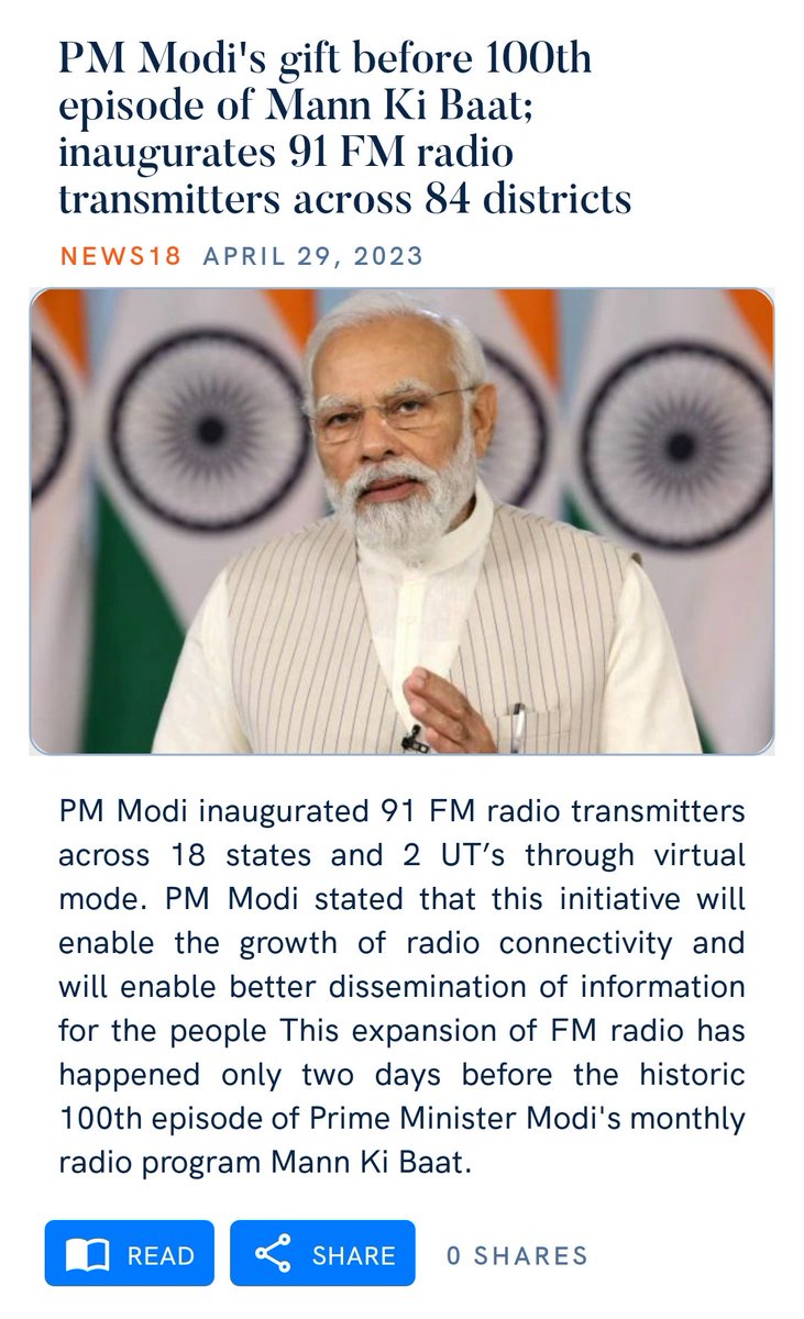 ebuzzprocom's tweet photo. PM Modi's gift before 100th episode of Mann Ki Baat; inaugurates 91 FM radio transmitters across 18 States & 2 Union Territories.
#91FM #PMModi #MannKiBaat100 #MannKiBaat100 #MannKiBaatConclave #DigitalIndia https://t.co/DTY0uAHzEI
