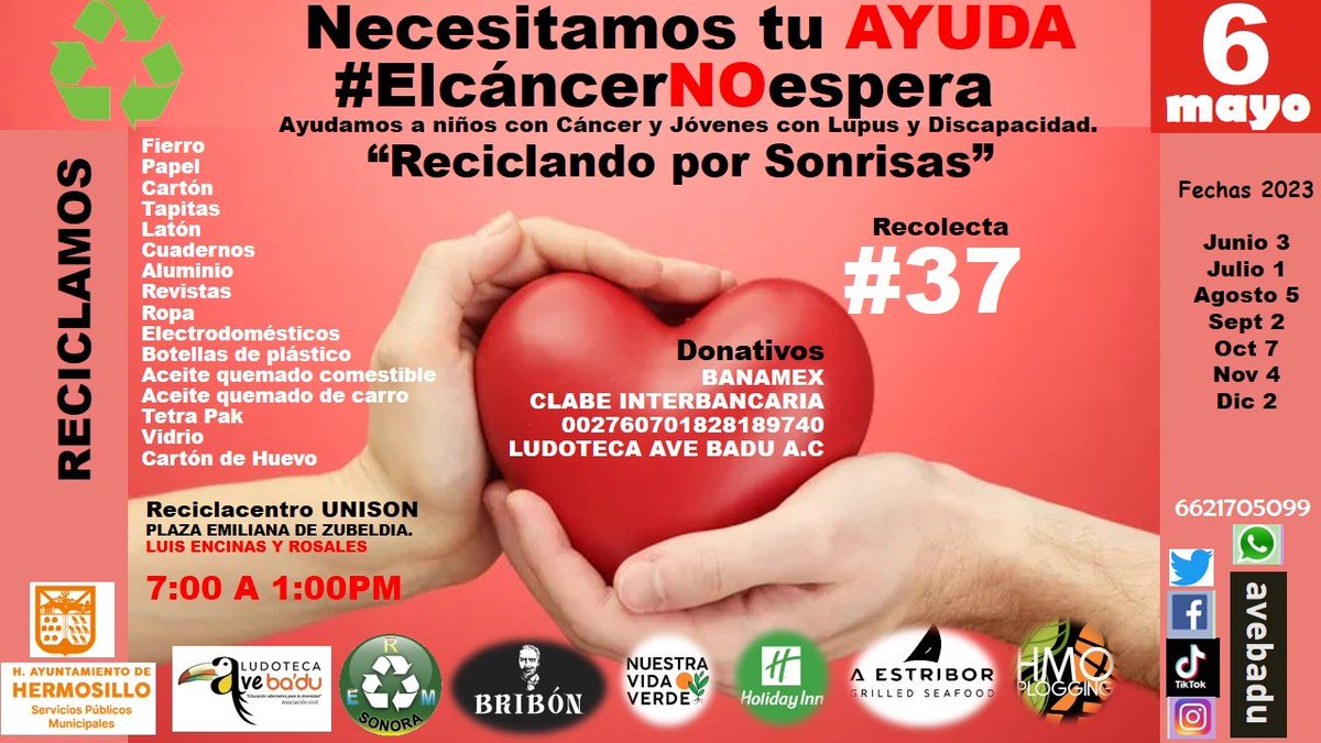 AveBadu's tweet photo. Te invitamos este 6 de mayo a la recolecta #37 del proyecto de "Reciclando por Sonrisas" que tiene como objetivo ayudar a niños y jóvenes con cáncer, lupus y Discapacidad. https://t.co/oxUBkOc4TG