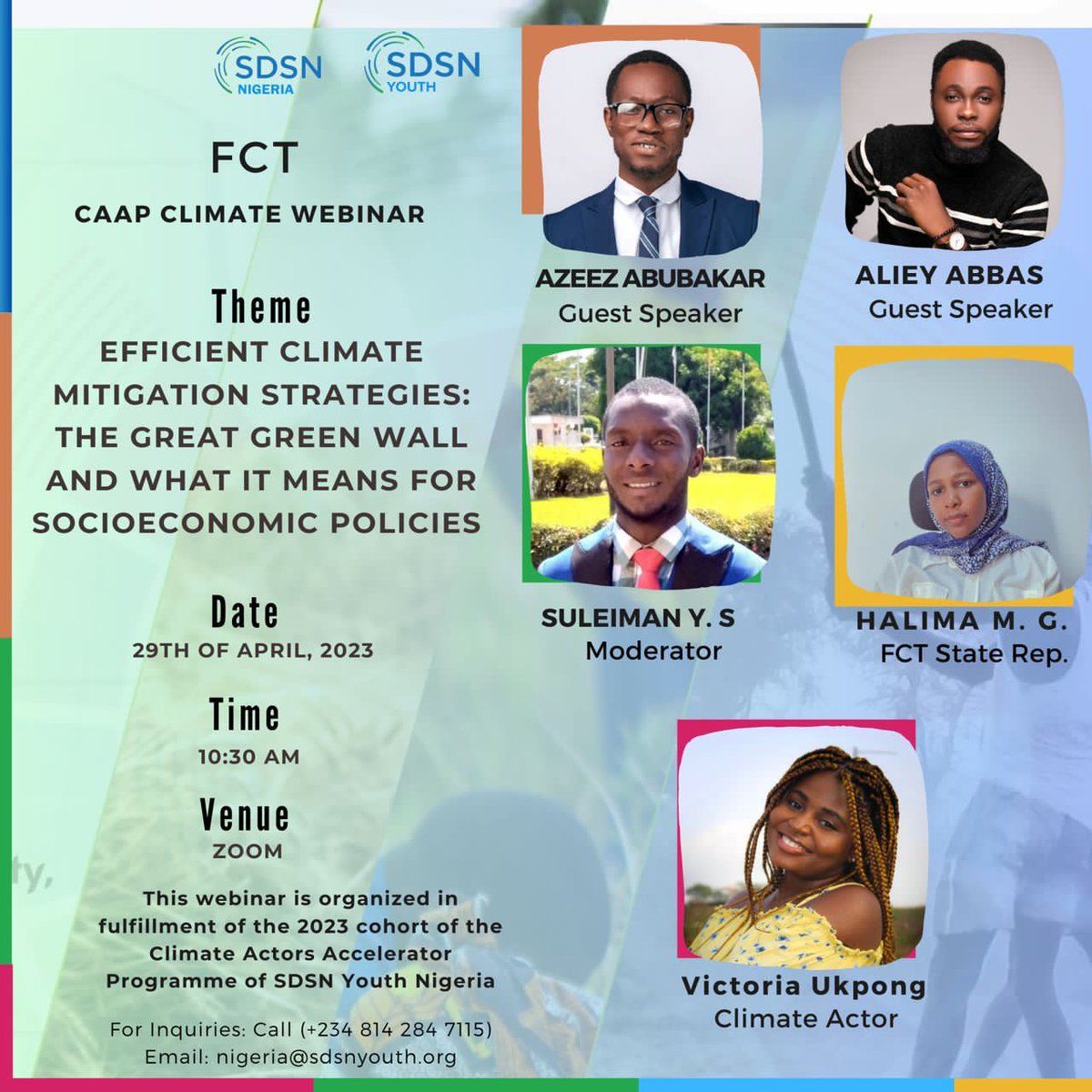 Our founder <a href="/azeezt_abubakar/">Azeez Abubakar</a> will be joining the <a href="/SDSNYouth/">SDSN Youth</a> <a href="/SDSNNigeria/">SDSN-Nigeria</a> as a Guest Speaker.

He will be speaking on the Socio-economic policies of #climatechange and the <a href="/GreenWallAfrica/">Great Green Wall</a>

Date: 29 April 
Time: 10:30am WAT
Venue: Zoom
RSVP: Nigeria@sdsnyouth.org

#GreatGreenWall