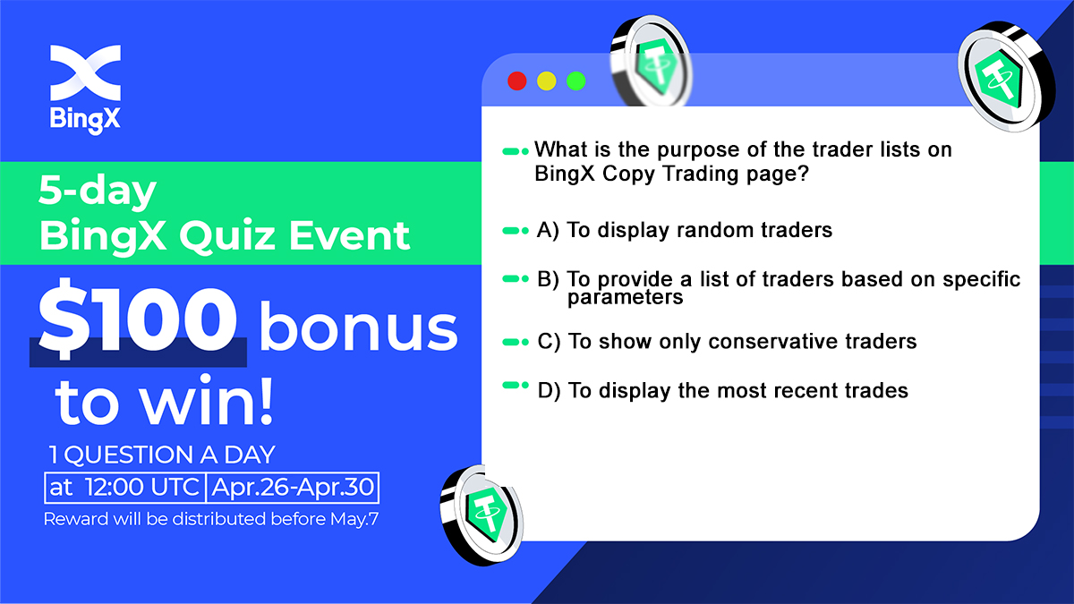 BingXOfficial's tweet photo. 🥳BingX Quiz 4th Day
💡Find the answers in the Review Below.
🎁1 winner will be selected randomly every day.

🛎️Send your answer as #QUIZdate + Option in TG👉​https://t.co/tWpDueO4G7.
Example: #QUIZ0428 D

🎰Extra $10 to those who get correct answers 3 days in a row. https://t.co/Ut5CyYLmh7