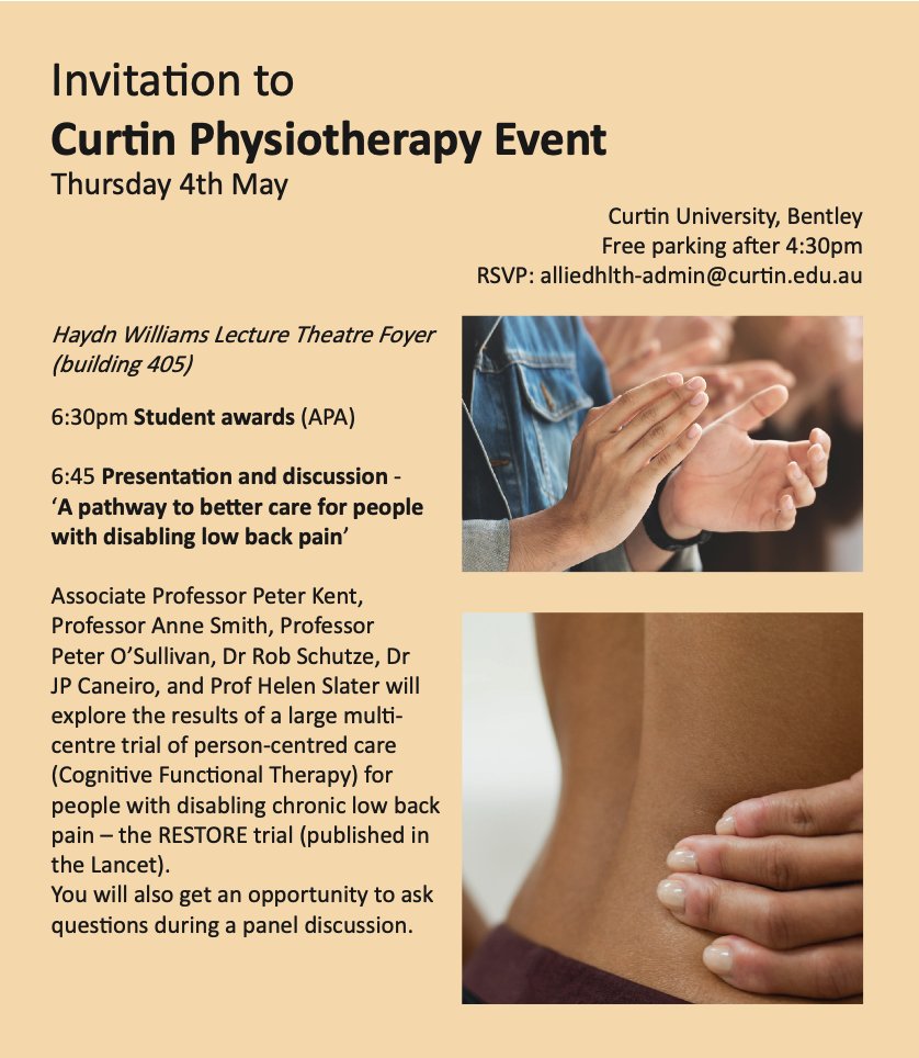 Do you live in Perth and have an interest in providing better care for people living with chronic low back pain? We are presenting the results of the RESTORE trial of Cognitive Functional Therapy for people with chronic low back pain. To be published in 'The Lancet' next week