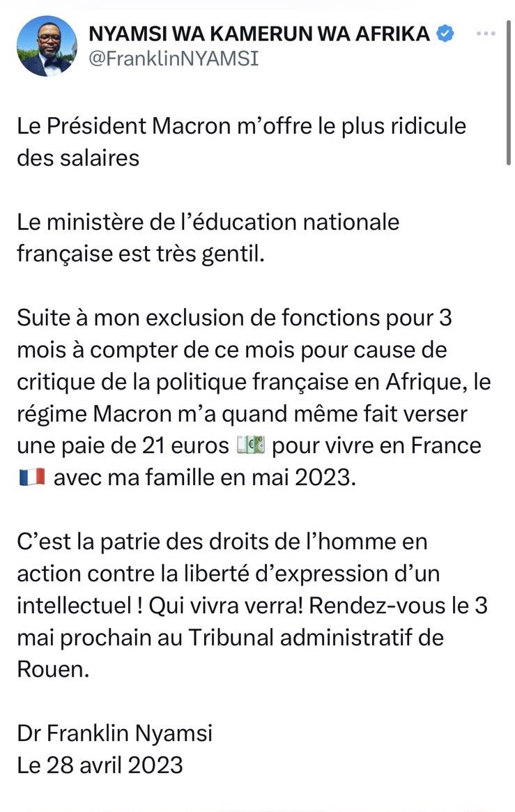 Vraiment, demandez à <a href="/EmmanuelMacron/">Emmanuel Macron</a> d’avoir pitié de notre ami Africain qui n’a d’ailleurs aucun papier d’Afrique. Sinon, 21€ ne font pas nourrir quelqu’un deh surtout une famille. Ayez pitié de lui et envoyez vos contributions oh.

#Bèki_Takè