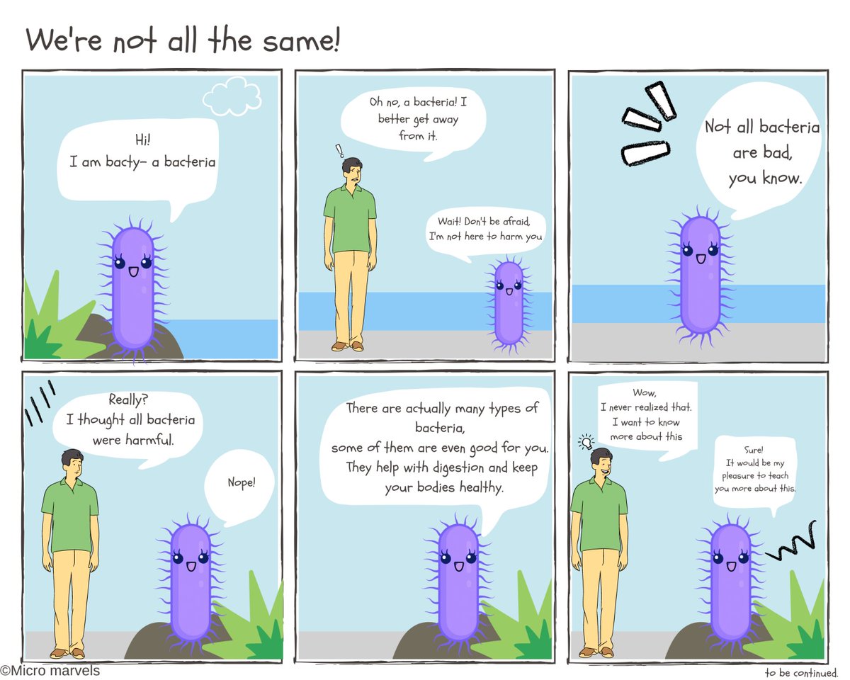 Get ready to see bacteria in a whole new light! The 𝗳𝗶𝗿𝘀𝘁 𝗲𝗽𝗶𝘀𝗼𝗱𝗲 of our comic book strip is out now, featuring a wise bacteria teaching a man about the diversity of the microbial world 🦠 #MicrobesMatter #ScienceComics #BacteriaAwareness