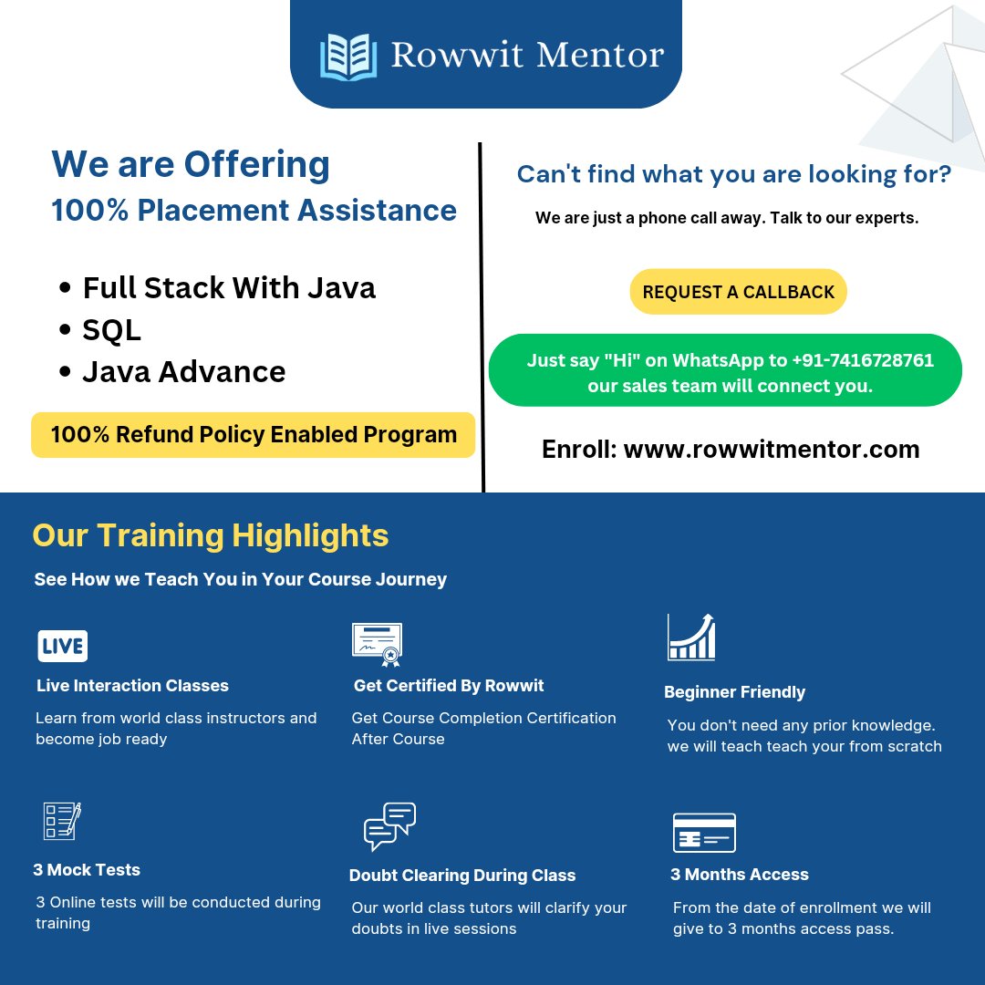 rowwitacademy's tweet photo. Learn like you would at India's top tech companies. We are providing a 100% placement program in Full Stack java | SQL | Core Java. Visit https://t.co/ULg5TGXpdX to enroll. https://t.co/1mKAIdUJuw