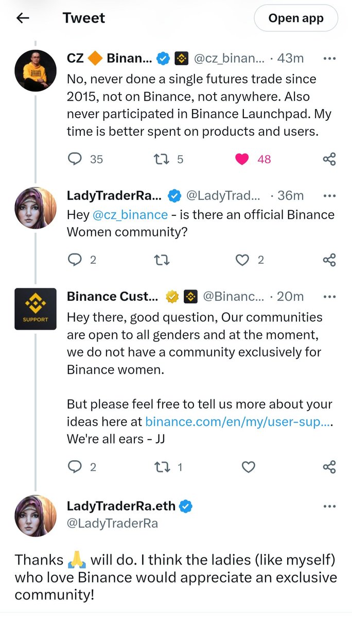 LadyTraderRa's tweet photo. Wouldn't that be cool if @binance had an exclusive official community for Women who are passionate about #Binance and #Crypto? 💖 We would have global #BinanceWomen meet ups and have girl talks about Crypto! 🙈
@cz_binance @BinanceUS @TheBinanceNFT https://t.co/3pXOalPkkr
