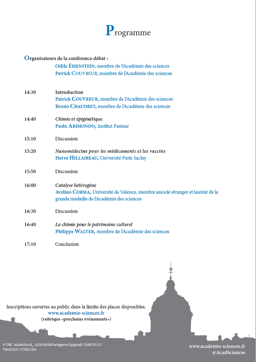 Académie des sciences (@acadsciences) on Twitter photo ⚗ Réservez la date pour "#Chimie et Société", une conférence avec :
👉Patrick COUVREUR et Bruno CHAUDRET
👉Paola ARIMONDO, <a href="/institutpasteur/">Institut Pasteur, since 1887</a>
👉@HerveHillaireau, <a href="/UnivParisSaclay/">Université Paris-Saclay</a>
👉Avelino CORMA, <a href="/ITQ_UPVCSIC/">ITQ (UPV-CSIC)</a> <a href="/UPV/">Universitat Politècnica de València</a>
👉Philippe WALTER, <a href="/umr8220/">LAMS-Sorbonne Université-UMR8220</a> <a href="/Sorbonne_Univ_/">Sorbonne Université</a>
📍16 mai
📆 Paris ⚗ Réservez la date pour "#Chimie et Société", une conférence avec :
👉Patrick COUVREUR et Bruno CHAUDRET
👉Paola ARIMONDO, <a href="/institutpasteur/">Institut Pasteur, since 1887</a>
👉@HerveHillaireau, <a href="/UnivParisSaclay/">Université Paris-Saclay</a>
👉Avelino CORMA, <a href="/ITQ_UPVCSIC/">ITQ (UPV-CSIC)</a> <a href="/UPV/">Universitat Politècnica de València</a>
👉Philippe WALTER, <a href="/umr8220/">LAMS-Sorbonne Université-UMR8220</a> <a href="/Sorbonne_Univ_/">Sorbonne Université</a>
📍16 mai
📆 Paris