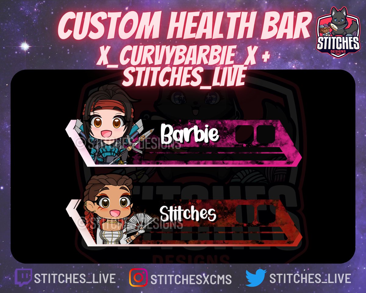Matching health bars I made for me and @x_curvybarbie_x 🩷

Who would be interested in me making similar ones for my Etsy shop with all the different legends??? If so what legends???

#etsy #ApexLegends #TwitchStreamers #twitch #GraphicDesign