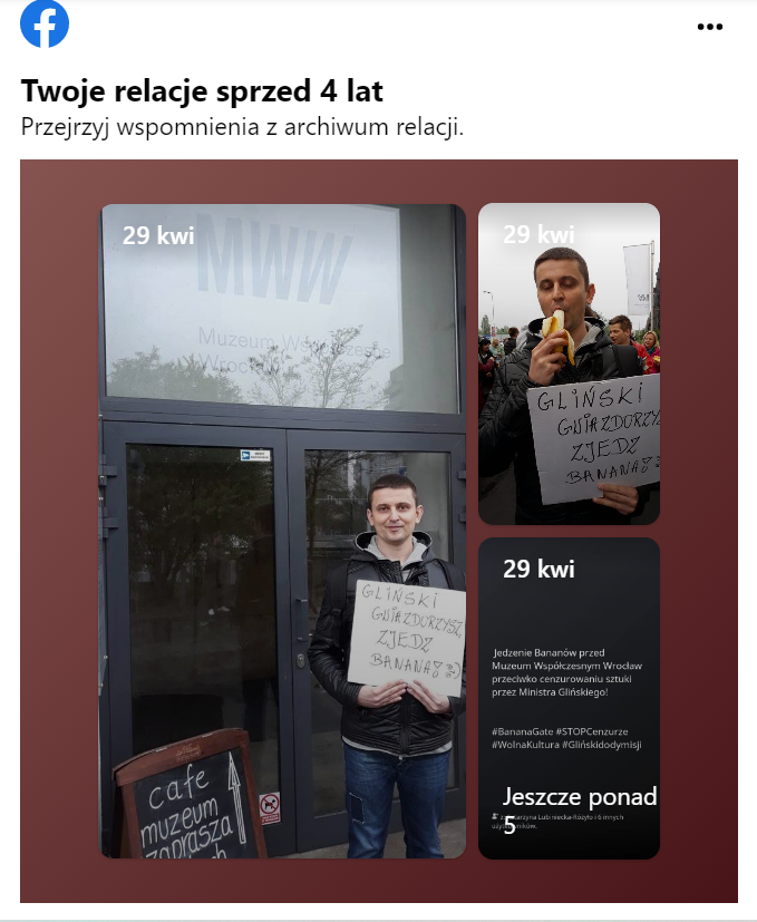 tyczynski_k's tweet photo. Facebook przypomniał. 29.04.2019 r. - #BananowyProtest przed Muzeum Współczesnym we Wrocławiu przeciwko cenzurowaniu sztuki przez Glińskiego. Na foto z Maciejem Kurowickim z zespołu Hurt 🙂
#bananagate https://t.co/LL1d87DCHy