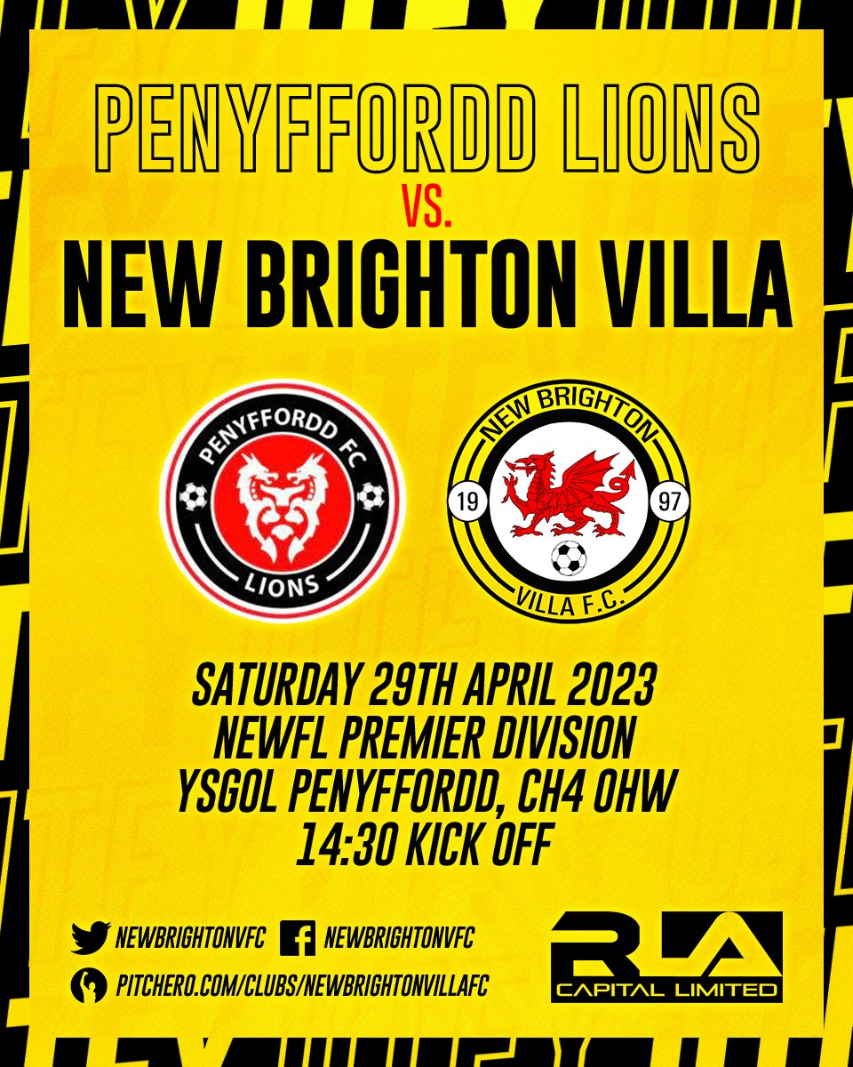newbrightonvfc's tweet photo. MATCH DAY ⚽
@penyfforddfc vs. NBV
📅 Saturday 29th April 2023
⏰ 14:30 kick off
🏆 @WalesEast Premier Division 
🏟️ Ysgol Penyffordd, CH4 0HW

Sponsored by @RLACapital #UTFY 💛 https://t.co/PSMbS5ihj7