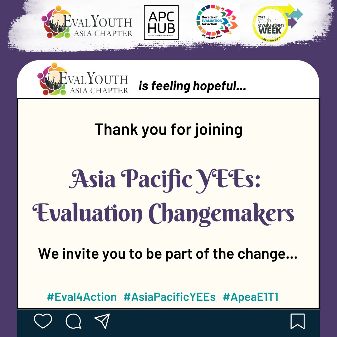 Thank you for joining us to celebrate our YEEs! 🙌🤩

#APCHub #Eval4Action #YouthInEvalWeek #AsiaPacificYEEs @unfpa_eval @Eval_Youth