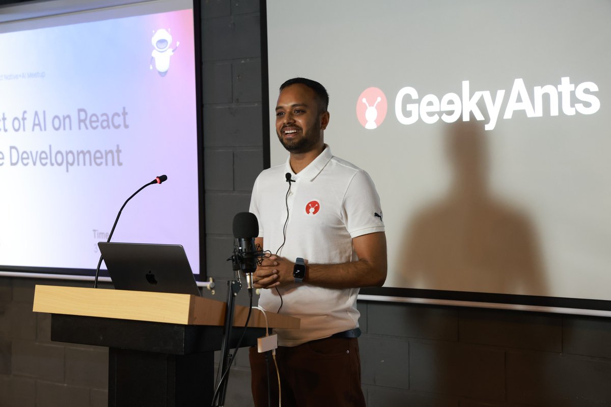 geekyants's tweet photo. Here's our keynote speaker, @saurabhsahu13, CTO, @geekyants!
He started with an intro to React Native, AI, and then went on to talk about what the geeks are doing in the React Native and AI space.
Exciting, right?
Join us - https://t.co/Be1SuNzQJX
#AIxReactNative https://t.co/hiUpdELyzD