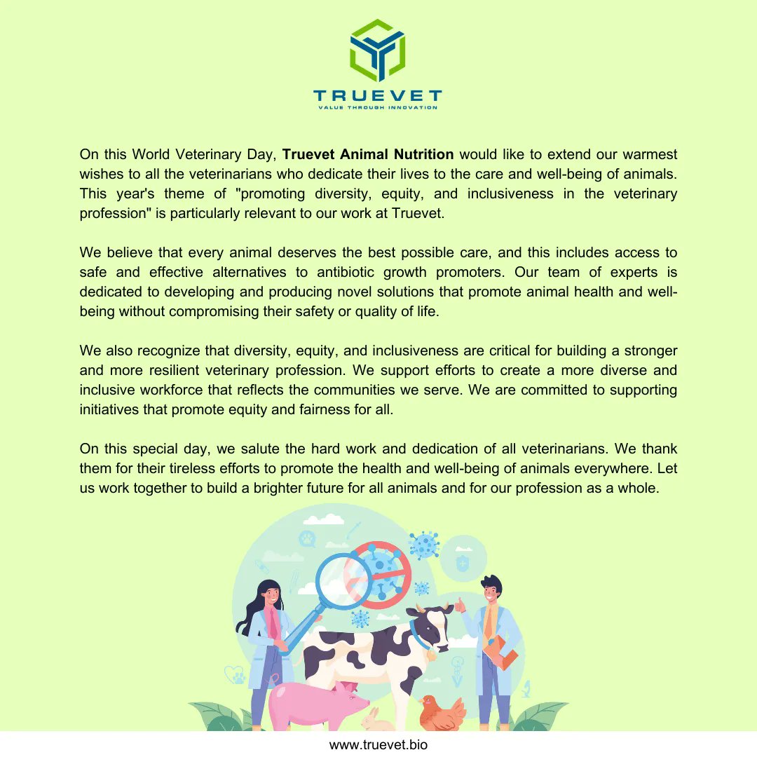 TruevetAN's tweet photo. Today is #WorldVeterinaryDay 

We thank all Veterinarians that are working to keep animals healthy. Last year we launched new products  to promote animal health, Because animal health is your health!

Know more: https://t.co/P5sJ9KzxTW
.
#Truevet4Veterinary https://t.co/eVnV7bVaOr