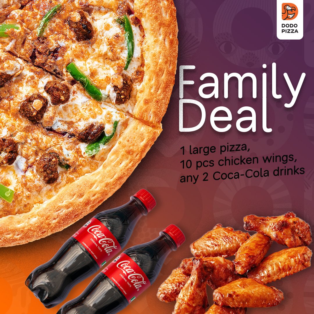 Dodo Pizza Lovers, get in here! We have our Family deal for you to relax with family and friends, all weekend long😉 Have fun with any large pizza of your choice, 10 chicken wings, and 2 bottles of Coca-Cola, for N7,900🍕 Visit us or Order now via dodopizza.ng