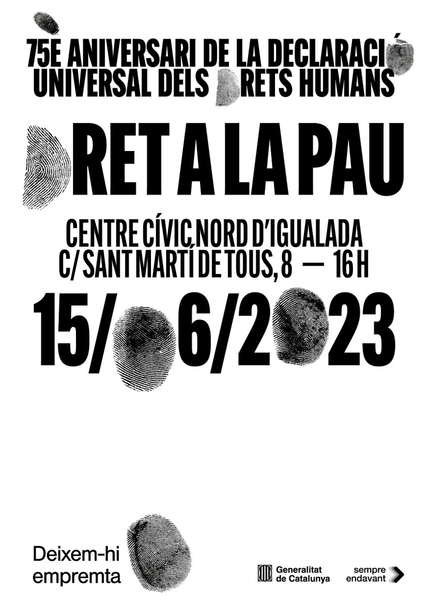 igualtatcat's tweet image. 👣 Totes les persones som iguals en #drets i #dignitat  

Parlem del Dret a la #Pau en el marc del 75è aniversari de la Declaració Universal dels #DretsHumans

T'hi sumes? A Igualada, el 15 de juny: 

ℹ️  igualtat.gencat.cat/ca/ambits-dact…  

#DeixemHiEmpremta