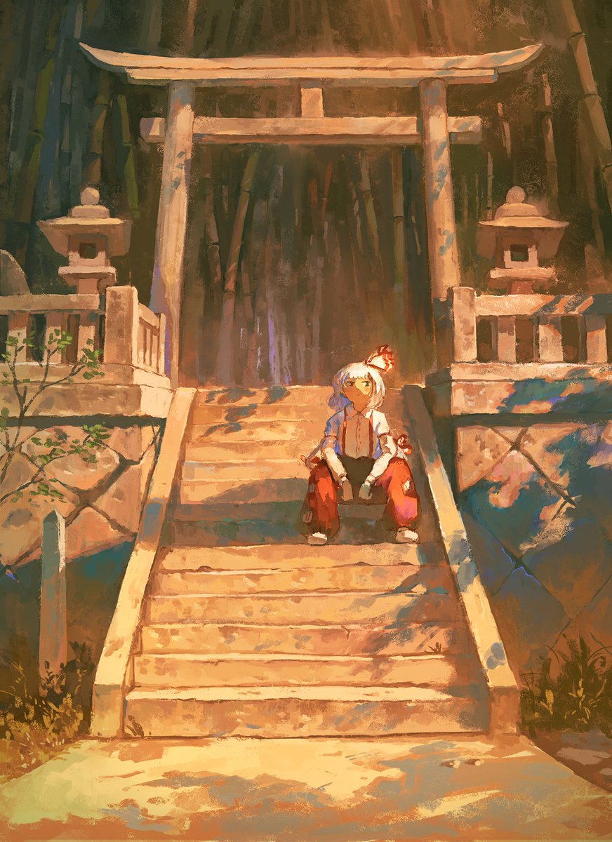 fujiwara no mokou red pants stairs 1girl solo bamboo pants bow  illustration images
