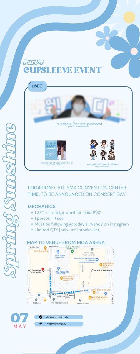 [𝑺𝑷𝑹𝑰𝑵𝑮 𝑺𝑼𝑵𝑺𝑯𝑰𝑵𝑬 - PART 4]
A simple cupsleeve event was prepared for fans to have a safe space to gather and meet other WLuvs💙

Loc: CBTL SMX Convention Center
Time: 11:30am-2:30pm

#RToVWithWendy #WENDY #웬디 #RtoVinMANILA #REDVELVETinMNL2023