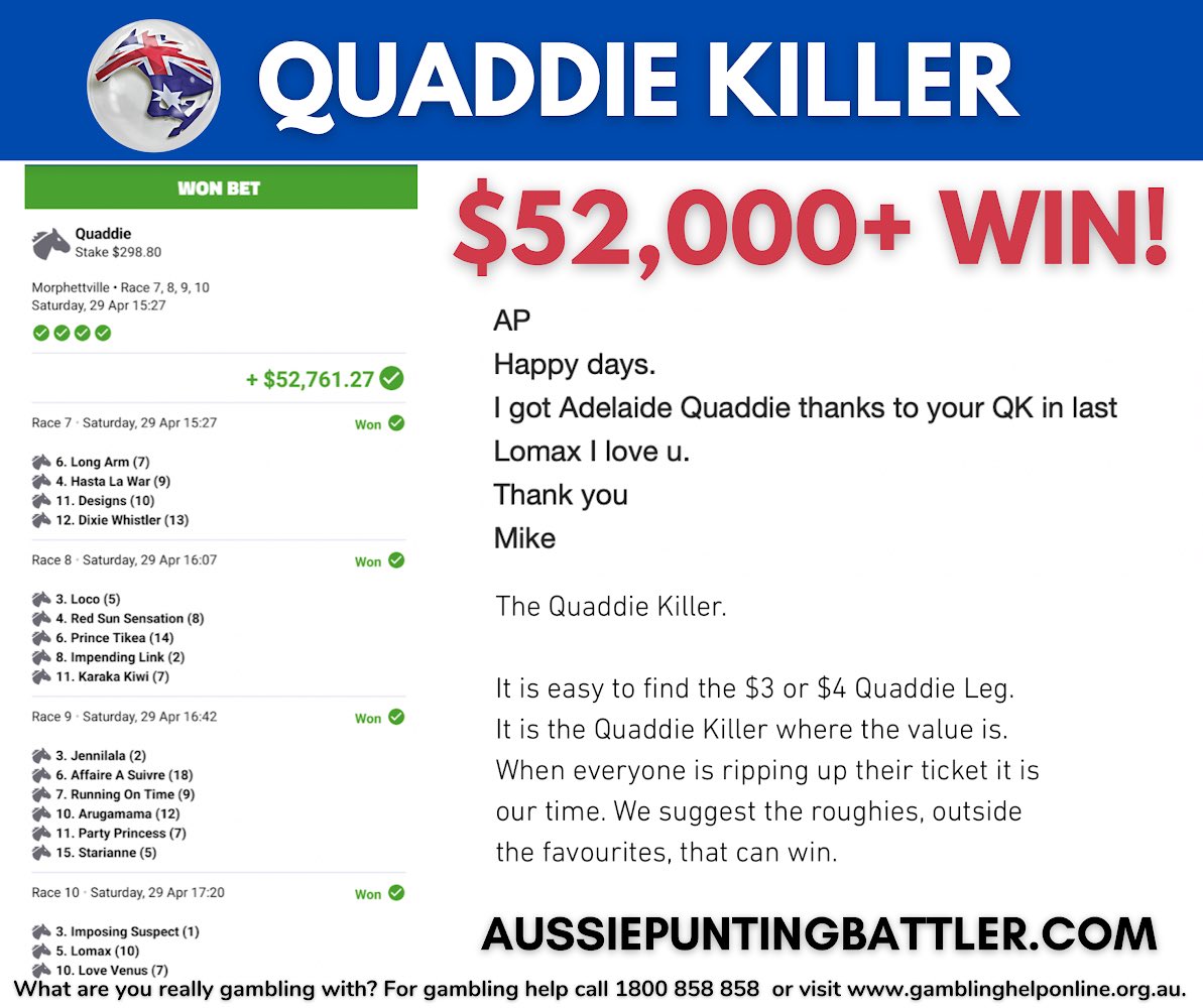 🚨🚨CHECK THIS OUT

HUGE QUADDIE KILLER RESULT

$52,000+ MONSTER WIN

The point of the Quaddie Killer is to tell you the hard legs mixed with your more fancied runners

Today Mike won over $52,000 because we found him 2 of the hard legs mixed with his likes