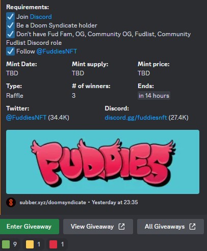 GM Syndicate 💀 

Another <a href="/FuddiesNFT/">Fuddies</a> giveaway for our members.

😈Once again😈