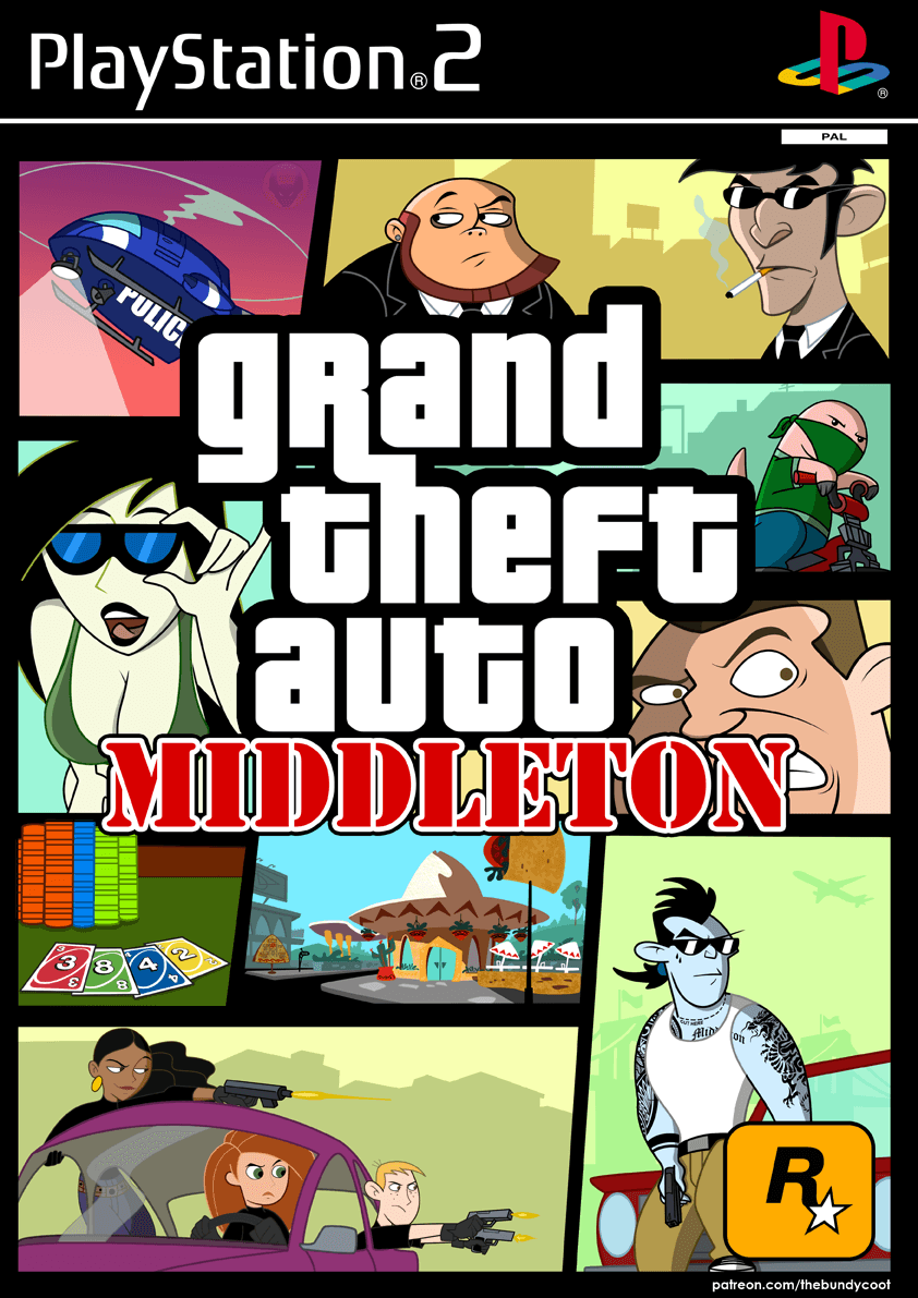Re-vamped version of the infamous #GTA Middleton parody.
#KimPossible #RonStoppable #Shego #Drakken #MonkeyFist #DuffKilligan #StephenSilver #FanArt #Illustration #Drawing #Cartoons #GrandTheftAuto