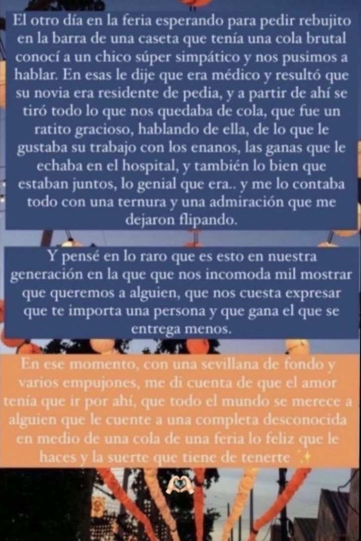 Baytarms's tweet photo. “en ese momento, con una sevillana de fondo y varios empujones, me di cuenta de que el amor tenia que ir por ahí, que todo el mundo se merece a alguien que le cuente a una completa desconocida en medio de la cola de feria lo feliz que le haces y la suerte que tiene de tenerte” ❤️ https://t.co/Lq368V6I6W