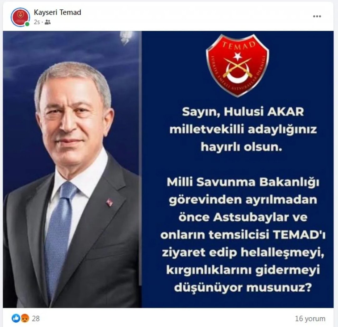 Sayın Hulusi AKAR, aile olmadığımızı, Astsubaylara 21 Yılda; TSK'nin, Türk Subay Kuvvetleri olduğunu gösterdiniz!
Ben de Onurlu ve Gururlu Bir Astsubay Olarak Hakkımı helal etmiyorum! 
#OylarTazminata
#GüçlüTemadGüçlüAstsubay
 <a href="/DurgenHamza/">Hamza DÜRGEN</a>
<a href="/RTErdogan/">Recep Tayyip Erdoğan</a> <a href="/kilicdarogluk/">Kemal Kılıçdaroğlu</a> <a href="/meral_aksener/">Meral Akşener</a>