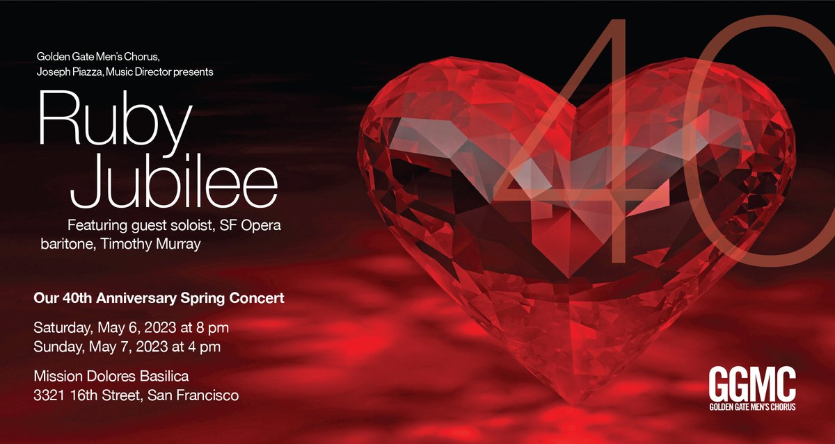 Celebrate the Golden Gate Men's Chorus' 40th anniversary at our spring concerts! Sat 5/6 at 8pm and Sun 5/7 at 4pm at San Francisco's Mission Dolores Basilica. Tickets at: ggmc.org