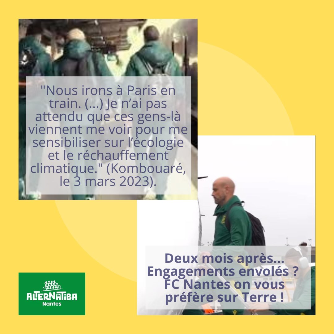 Alternantiba's tweet image. Visiblement, @FCNantes a déjà oublié comment on fait pour prendre le train pour Paris...🚄
Ce printemps de sécheresse nous rappelle que l'urgence climatique est toujours là, et qu'on doit changer définitivement nos habitudes.
 Jet et climat, ça marche pas !
#FCNTFC #CoupeDeFrance