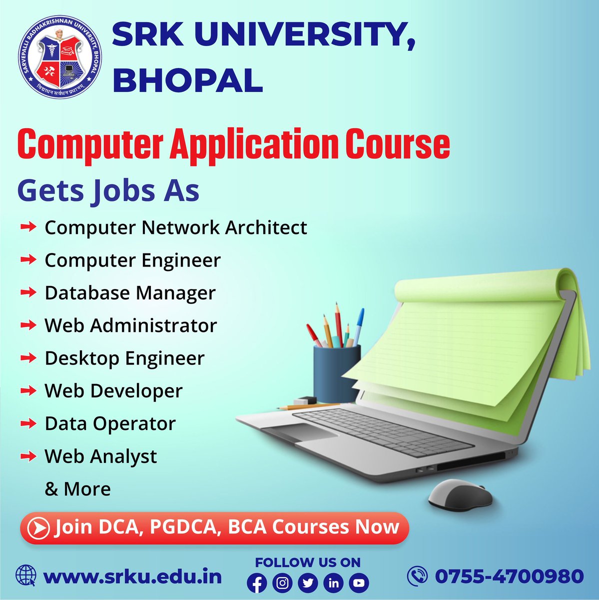 SrkuniversityB's tweet image. DCA, PGDCA, BCA Courses are designed to primarily focus on stream of students who wish to have a Diploma in IT and good knowledge of Computer fundamentals and programming.

07554700980
srku.edu.in

#srkuniversity #computerapplication #course #engineer #Webdeveloper