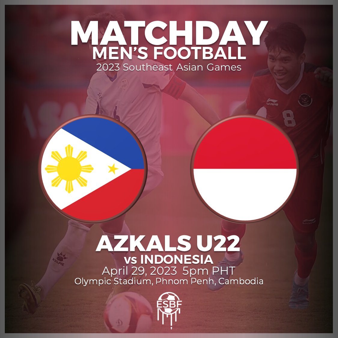 ESBFPH's tweet photo. GAMEDAY
@TheAzkalsPH U22 will open their 32nd Southeast Asian Games journey against a tough Indonesian side. Will we get the better of our closest rivals in the region? Kickoff is at 5PM PHT!
#LabanAzkals #SEAG23 #EatSleepBreatheFootball https://t.co/VrOsApoJhi