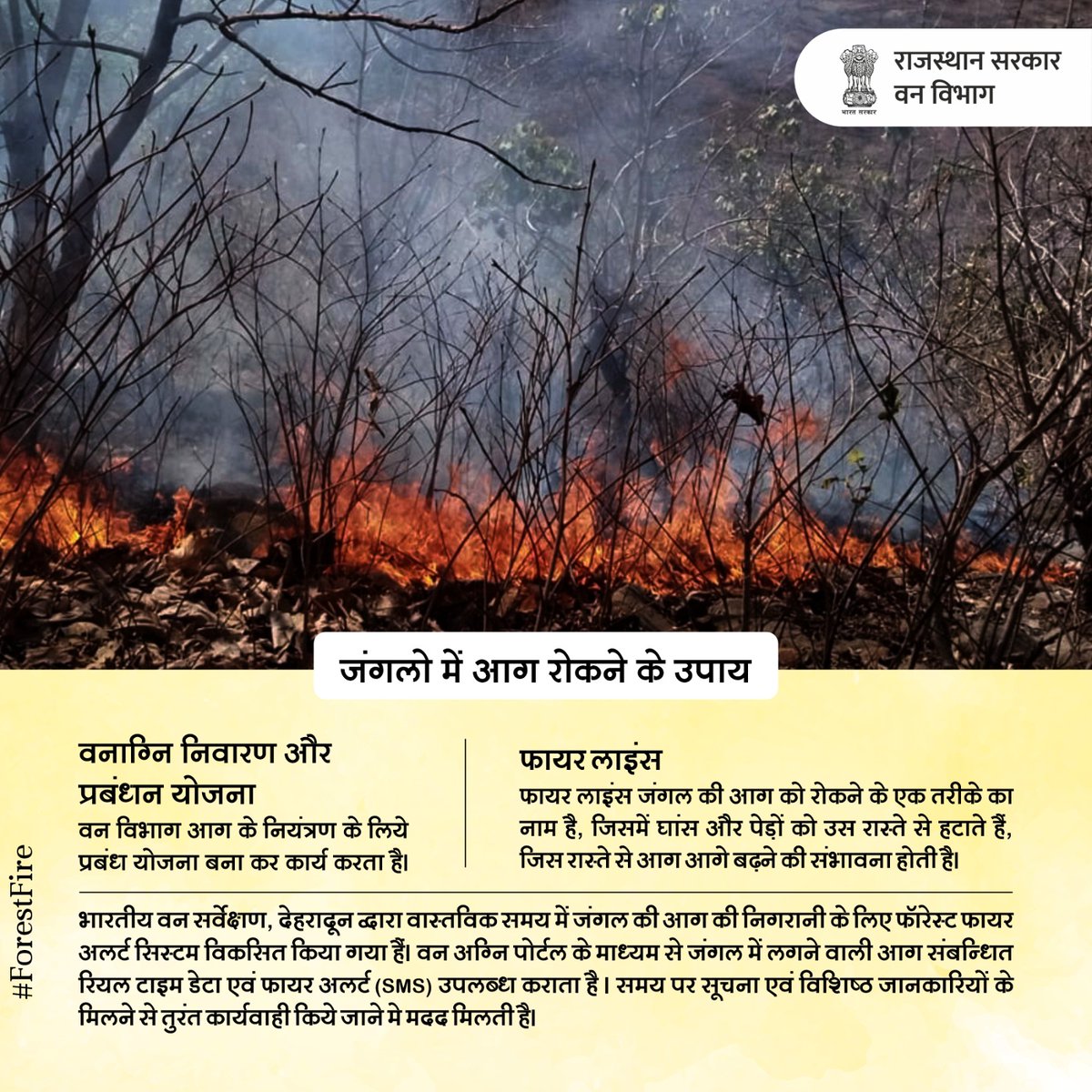 ForestRajasthan's tweet photo. बड़ी आग की घटनाओं को रोकने के लिए समय पर सही कदम उठाएं।
#RajasthanForestDepartment #forestfiremanagement #forestfiresmoke #forestfirefighting #forestfire #rajasthanforest #humenerror
@UNDRR @WWF @ForestSurvey @worldwildlifefund https://t.co/0eQNJAxfWp