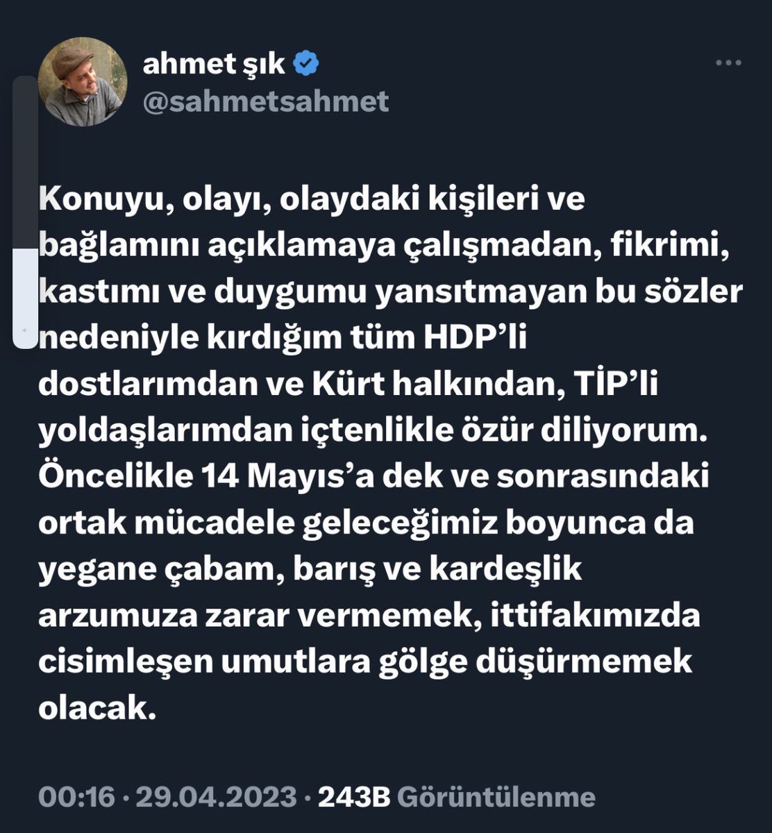 Ezen ulus kibriyle konuluyorsun. üstten bakıyorsun. Kürtlerin tüm mücadele tarihini sıfırlıyorsun. Kürtlerin ve sosyalist dostlarının %7 barajını yıktığı seçim ittifakında ne arıyorsun. Onurlu olan bu ittifak altında seçimlere girmemektir.