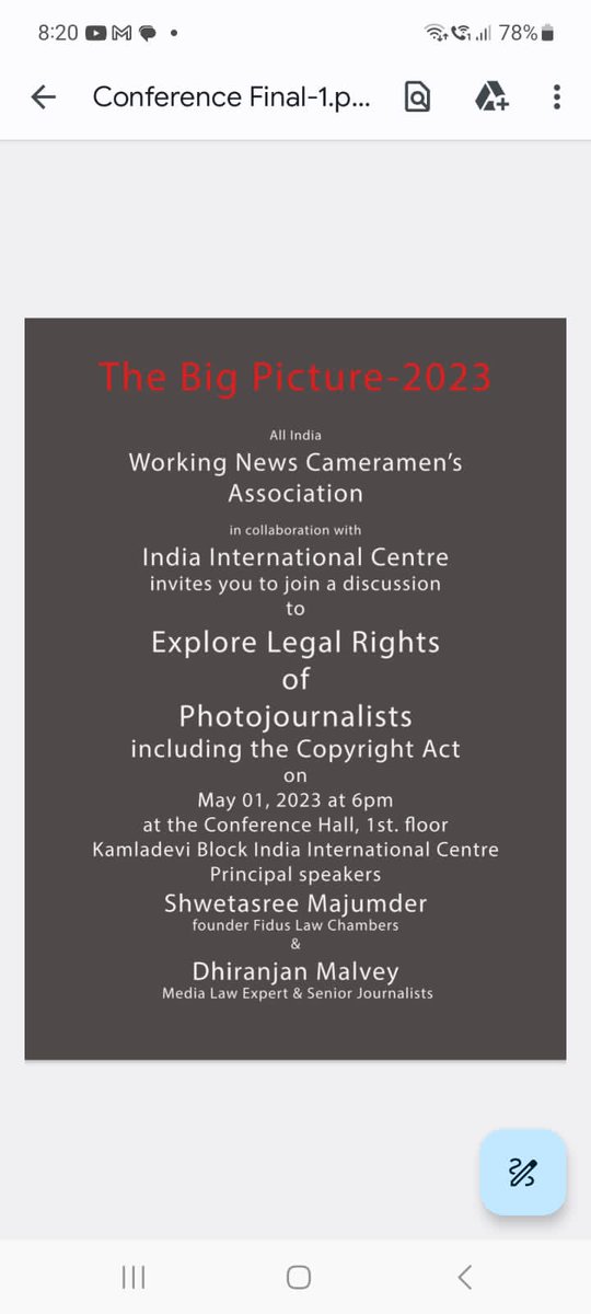wnca_s's tweet photo. An important and unusual topic will be discussed on LEGAL RIGHTS OF PHOTOJOURNALISTS on May 01 at 6pm at @IIC_Delhi organised by @wnca_s during Big Picture 2023 exhibition...all are invited. https://t.co/zbarbiZg2j